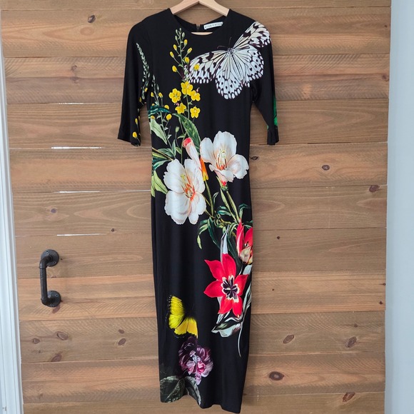 Alice + Olivia Delora Midi Dress Black Floral Butterfly Womens 6 - Picture 3 of 8